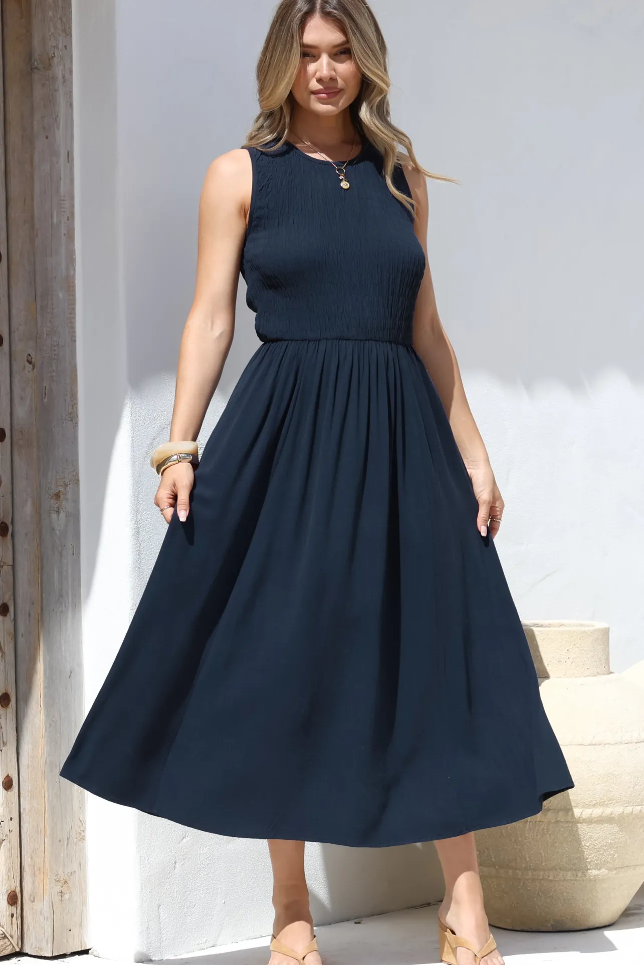 Adrian Midi Dress - Sleeveless Shirred Bodice A-Line Dress in Navy>Salty Crush Online