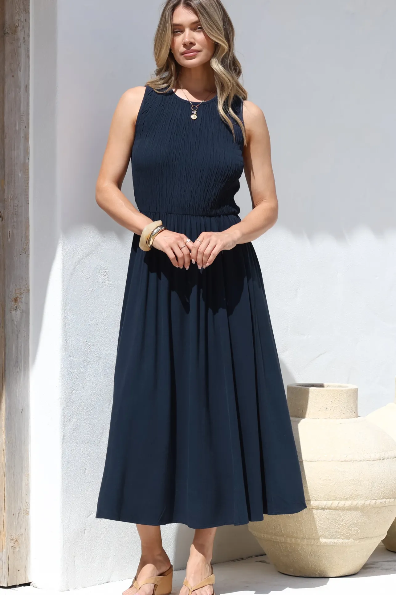 Adrian Midi Dress - Sleeveless Shirred Bodice A-Line Dress in Navy>Salty Crush Online
