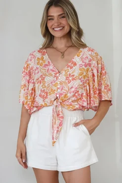 Aideen Top - Flutter Sleeve Tie Up Front Top in Celine Print>Salty Crush Best