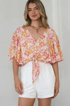 Aideen Top - Flutter Sleeve Tie Up Front Top in Celine Print>Salty Crush Best