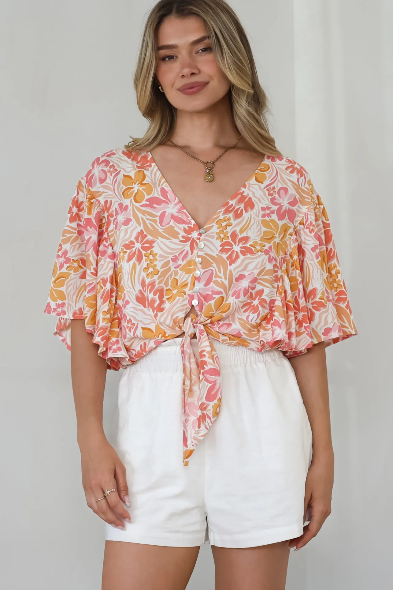 Aideen Top - Flutter Sleeve Tie Up Front Top in Celine Print>Salty Crush Best