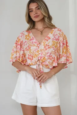 Aideen Top - Flutter Sleeve Tie Up Front Top in Celine Print><noscript><img width=