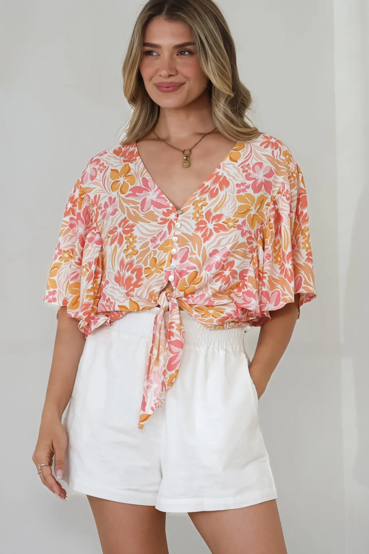 Aideen Top - Flutter Sleeve Tie Up Front Top in Celine Print>Salty Crush Best