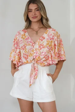 Aideen Top - Flutter Sleeve Tie Up Front Top in Celine Print><noscript><img width=