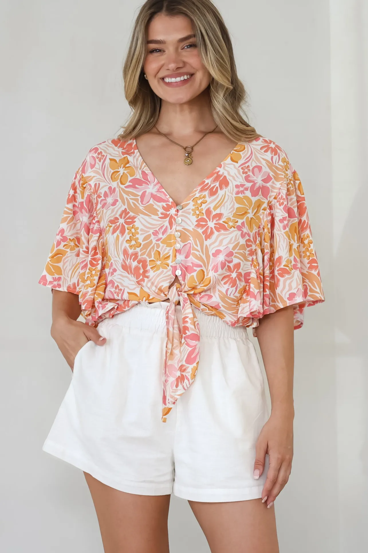 Aideen Top - Flutter Sleeve Tie Up Front Top in Celine Print>Salty Crush Best