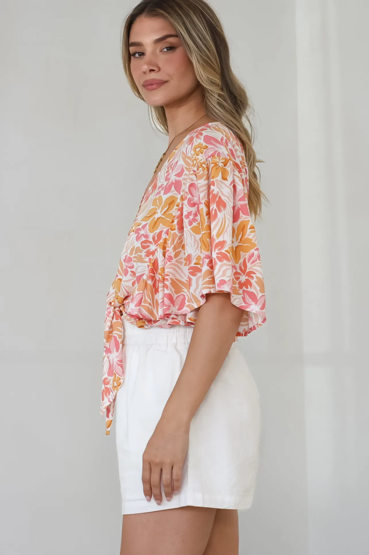 Aideen Top - Flutter Sleeve Tie Up Front Top in Celine Print>Salty Crush Best