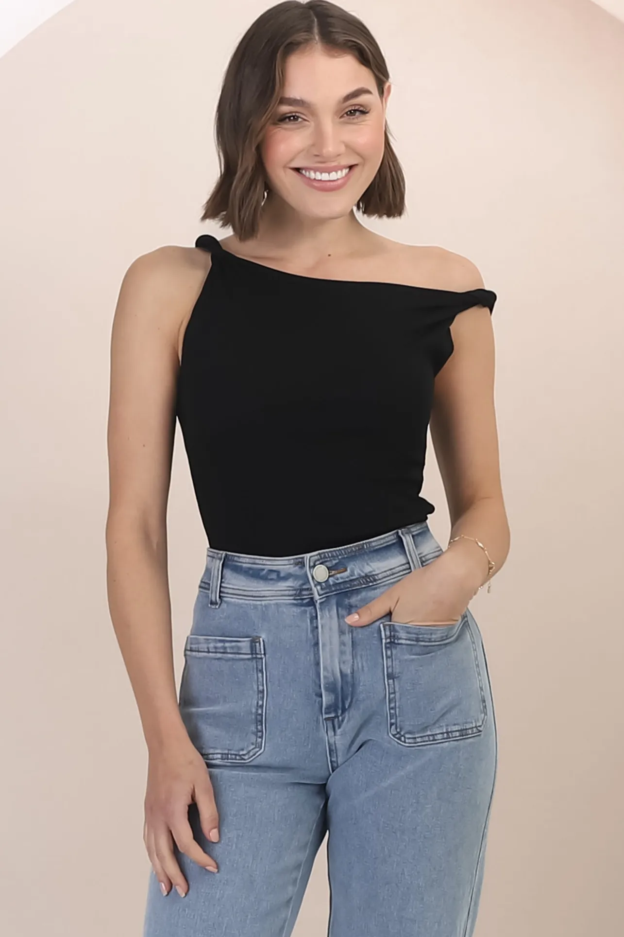 Alane Top - Twist Strap Asymmetric Neckline Top in Black>Salty Crush Best