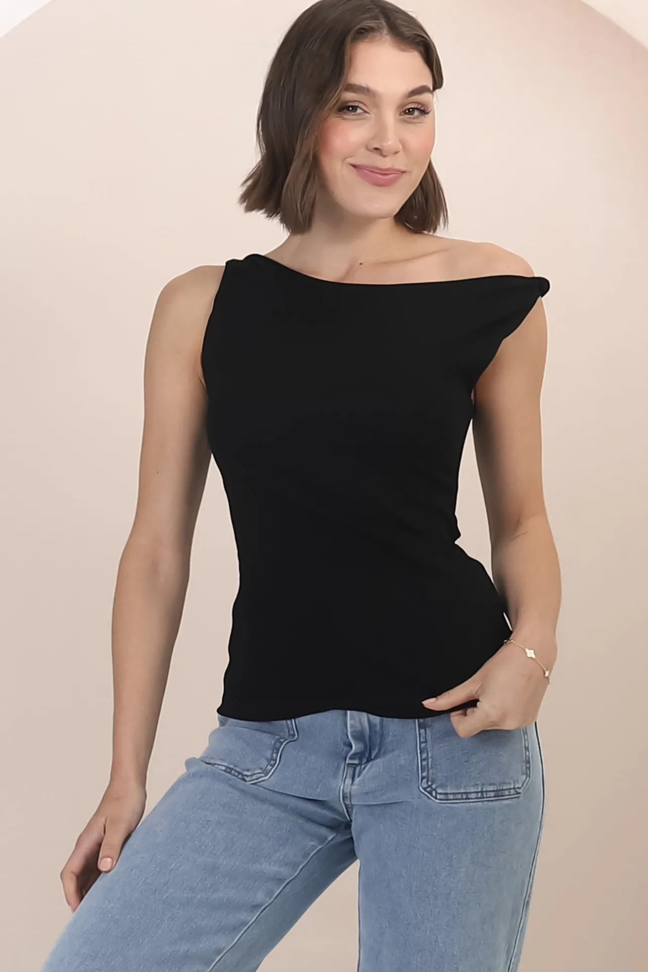 Alane Top - Twist Strap Asymmetric Neckline Top in Black>Salty Crush Best