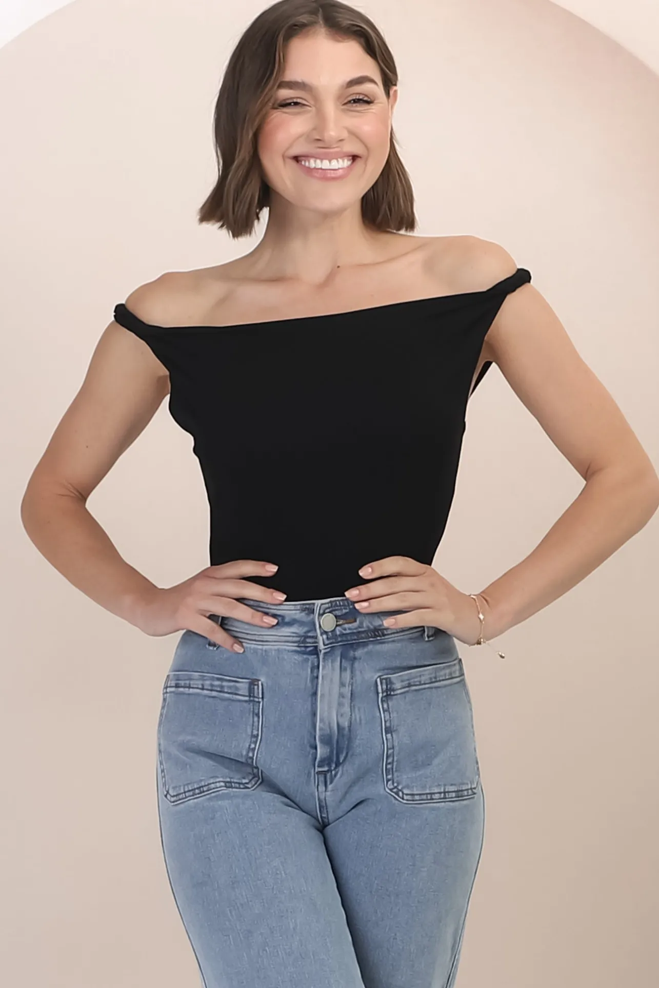 Alane Top - Twist Strap Asymmetric Neckline Top in Black>Salty Crush Best