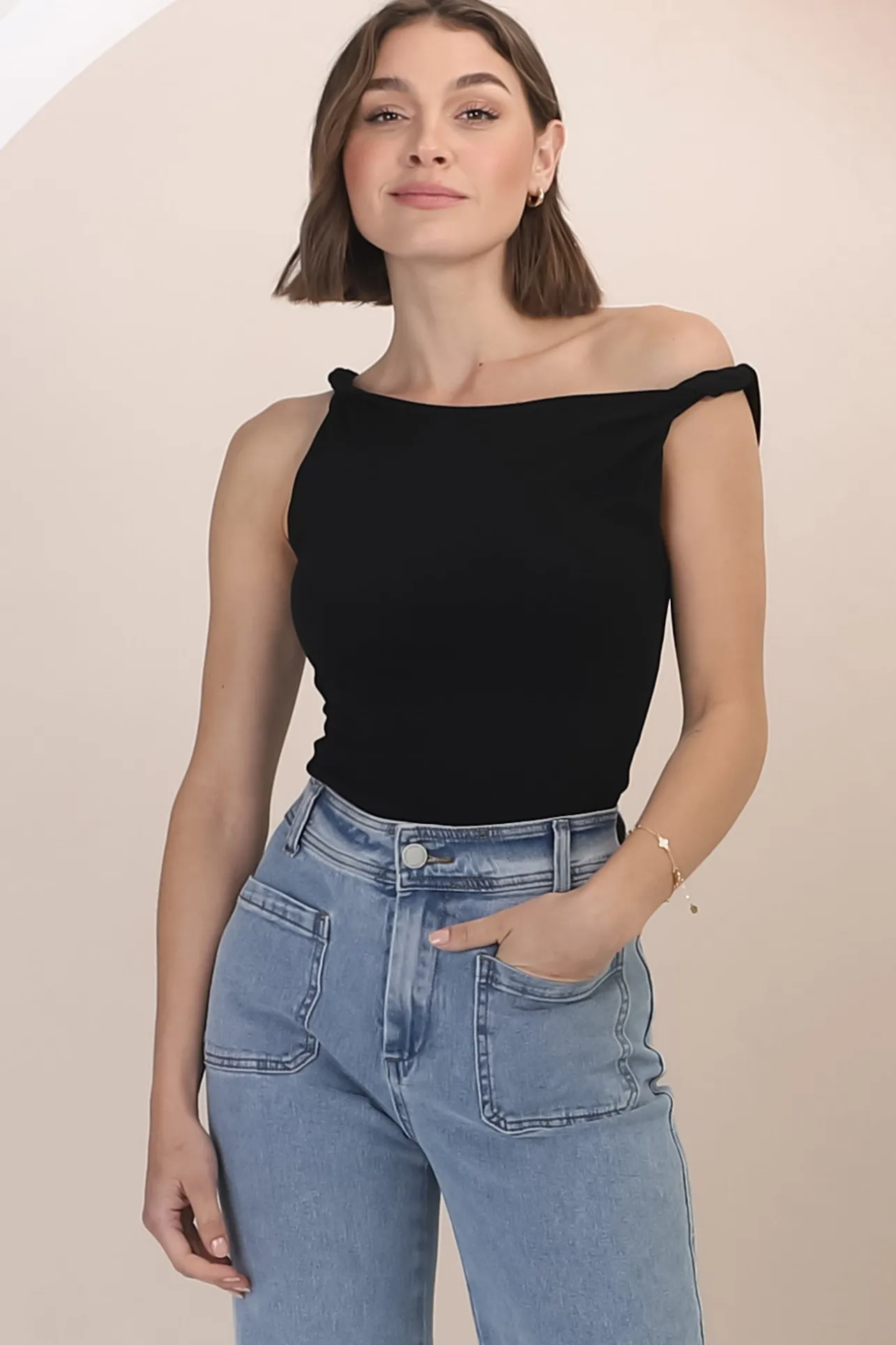 Alane Top - Twist Strap Asymmetric Neckline Top in Black>Salty Crush Best