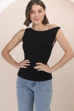 Alane Top - Twist Strap Asymmetric Neckline Top in Black><noscript><img width=