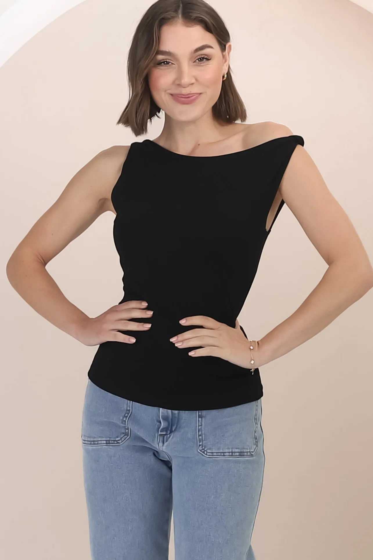 Alane Top - Twist Strap Asymmetric Neckline Top in Black>Salty Crush Best