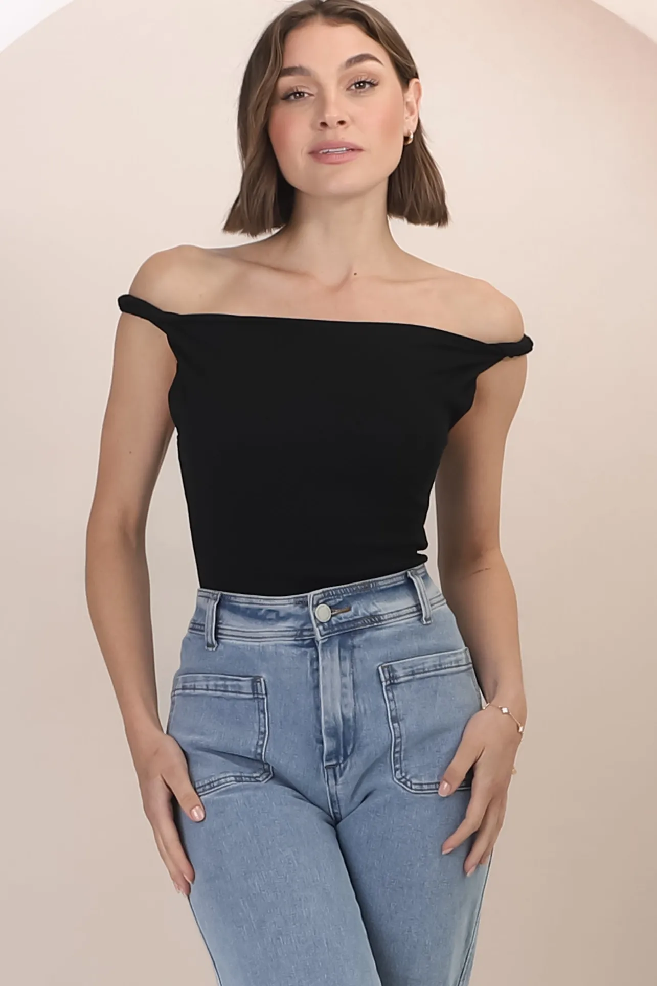 Alane Top - Twist Strap Asymmetric Neckline Top in Black>Salty Crush Best