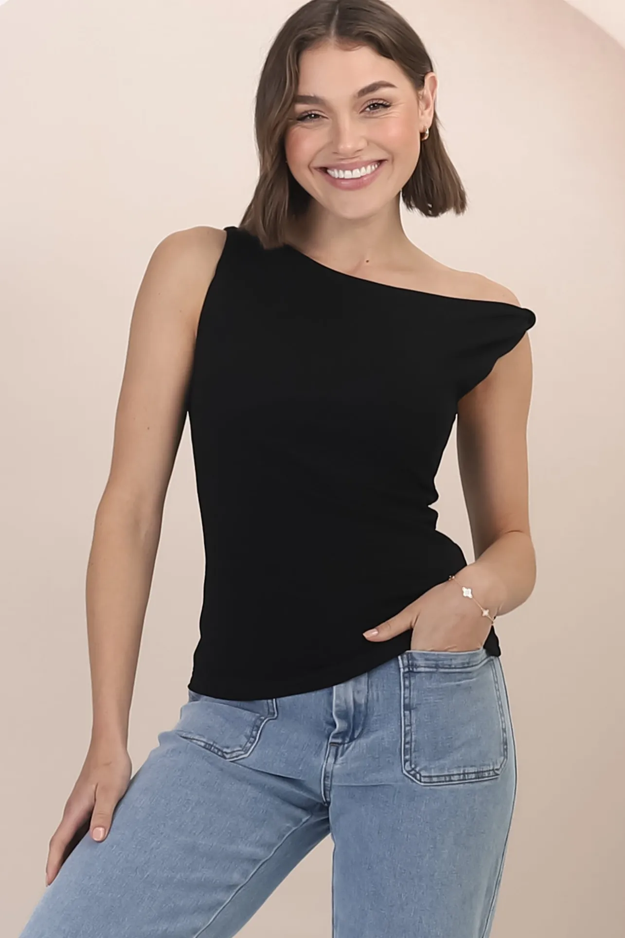 Alane Top - Twist Strap Asymmetric Neckline Top in Black>Salty Crush Best