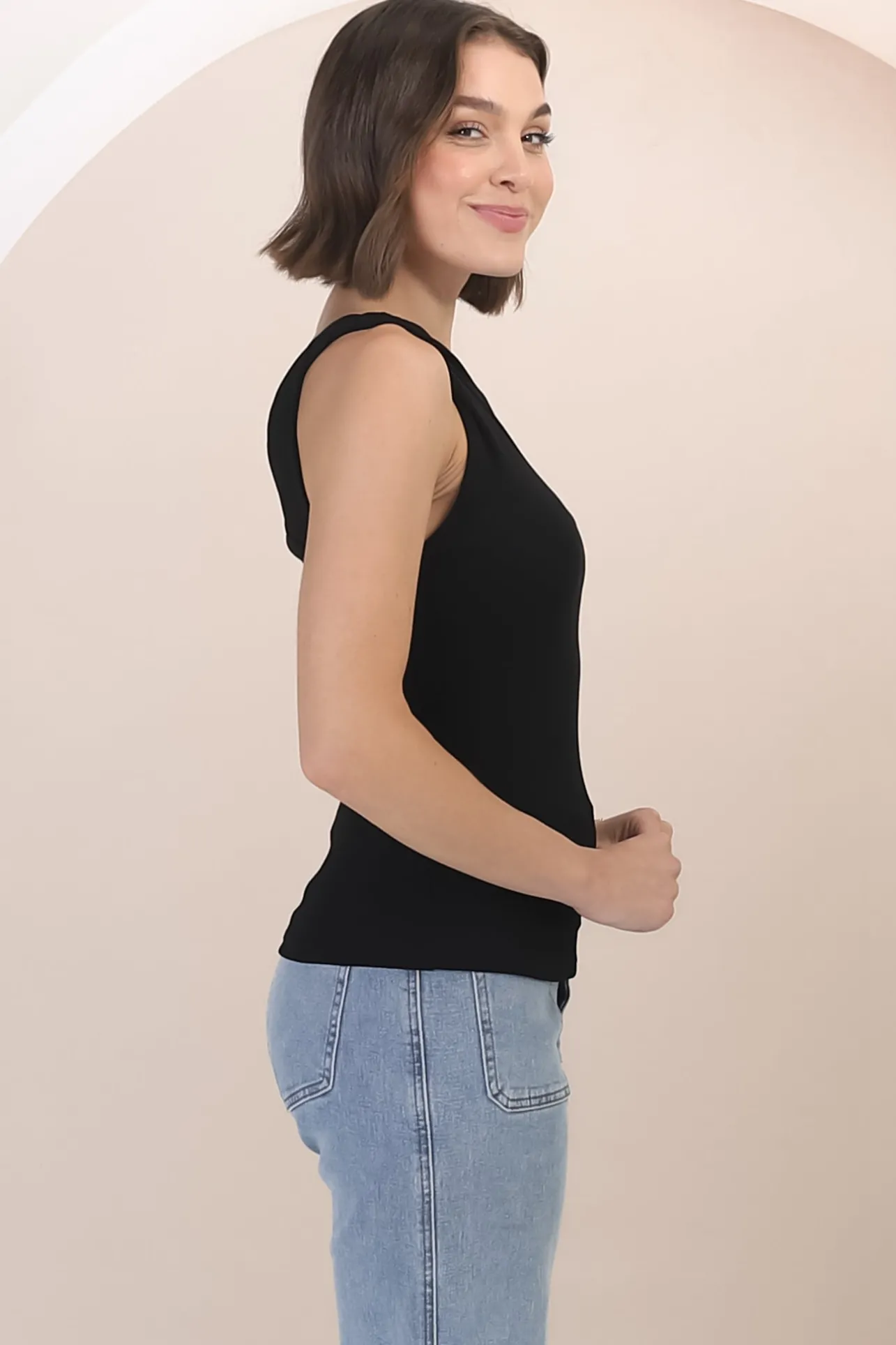 Alane Top - Twist Strap Asymmetric Neckline Top in Black>Salty Crush Best