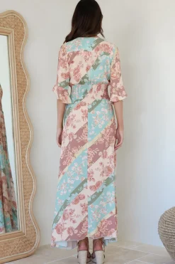 Alba Maxi Dress - Buttoned Bodice A Line Dress With Flute Sleeves In Clavelle Print><noscript><img width=