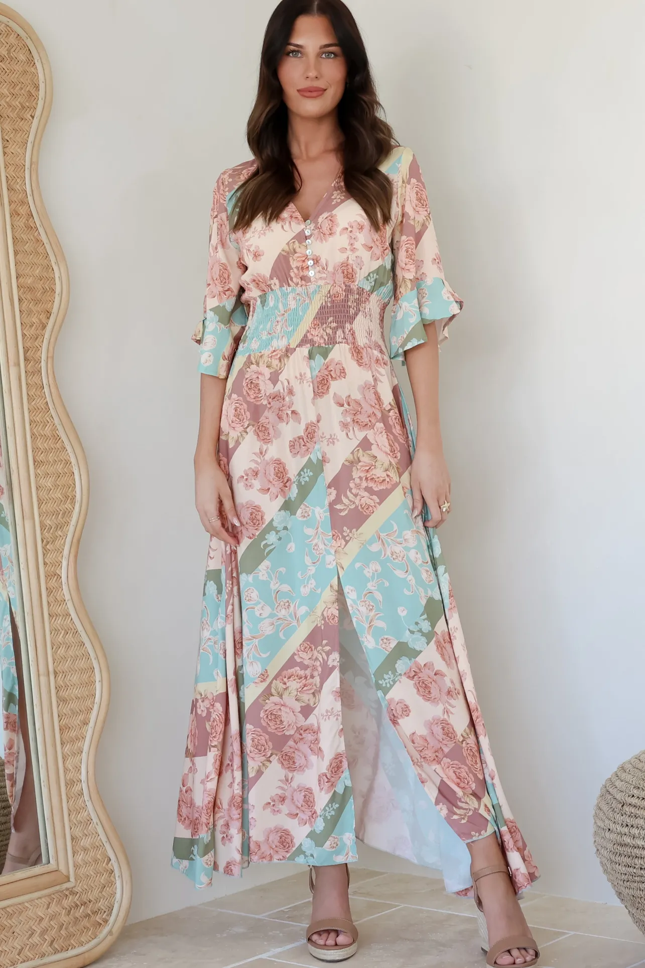 Alba Maxi Dress - Buttoned Bodice A Line Dress With Flute Sleeves In Clavelle Print>Salty Crush Hot