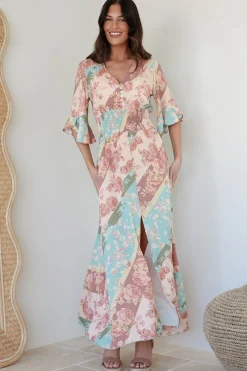Alba Maxi Dress - Buttoned Bodice A Line Dress With Flute Sleeves In Clavelle Print><noscript><img width=