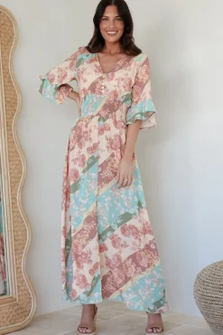 Alba Maxi Dress - Buttoned Bodice A Line Dress With Flute Sleeves In Clavelle Print><noscript><img width=