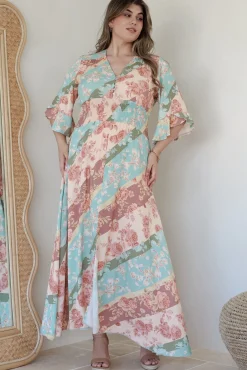 Alba Maxi Dress - Buttoned Bodice A Line Dress With Flute Sleeves In Clavelle Print><noscript><img width=