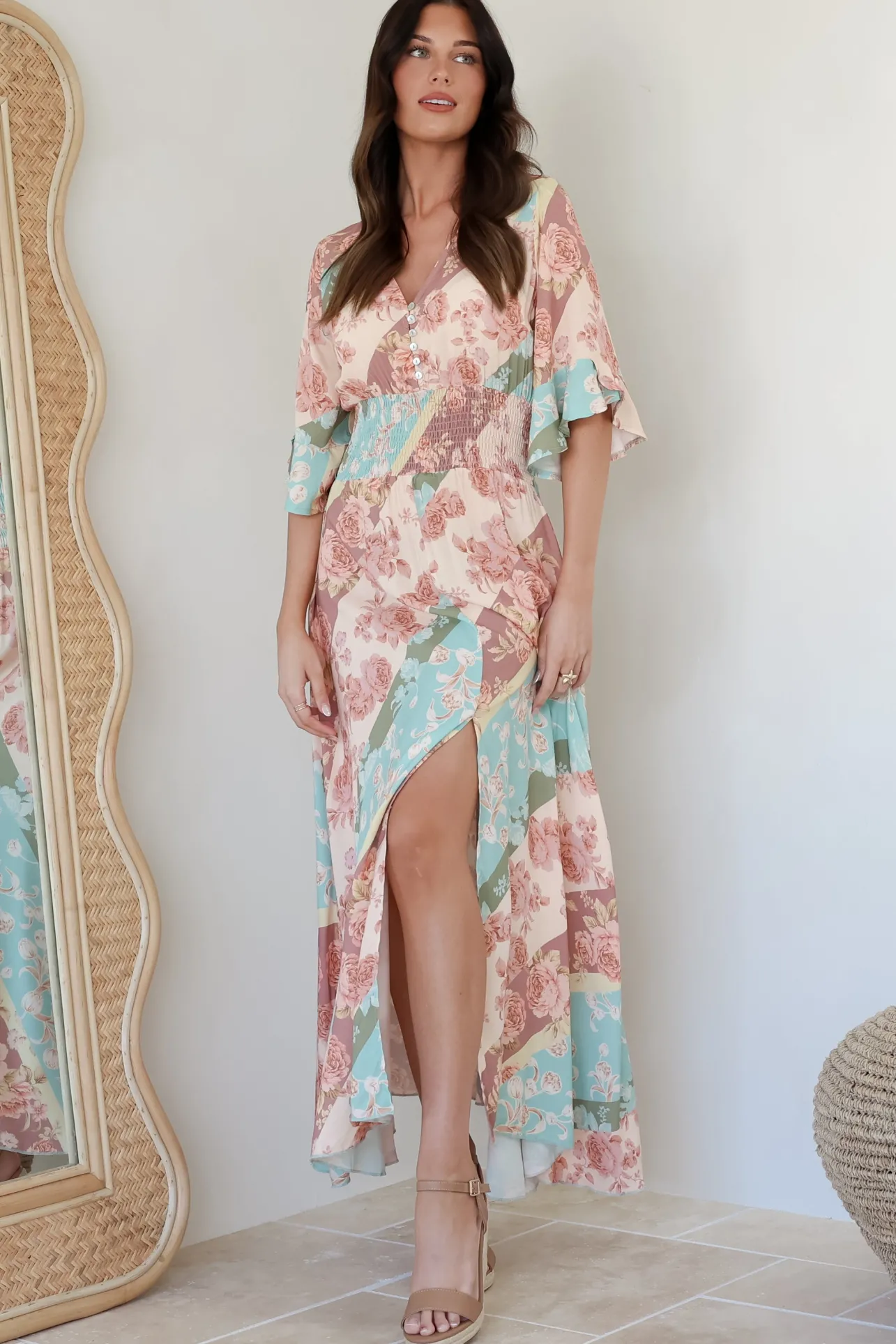 Alba Maxi Dress - Buttoned Bodice A Line Dress With Flute Sleeves In Clavelle Print>Salty Crush Hot