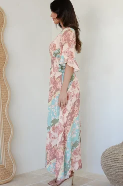 Alba Maxi Dress - Buttoned Bodice A Line Dress With Flute Sleeves In Clavelle Print><noscript><img width=