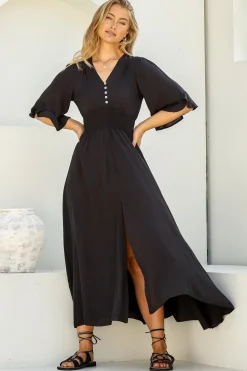 Alba Maxi Dress - Buttoned Bodice A Line Dress in Black>Salty Crush Best