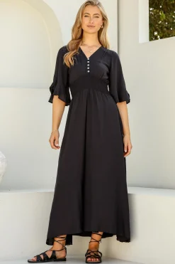 Alba Maxi Dress - Buttoned Bodice A Line Dress in Black>Salty Crush Best