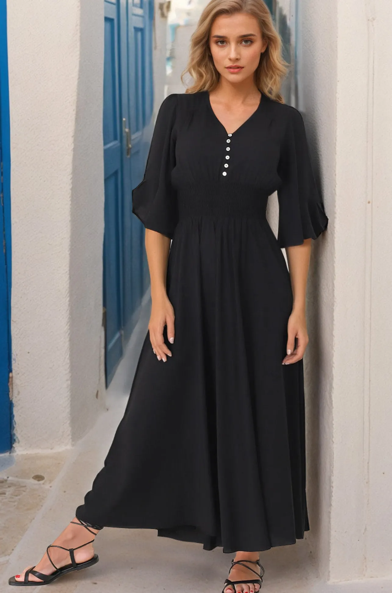 Alba Maxi Dress - Buttoned Bodice A Line Dress in Black>Salty Crush Best