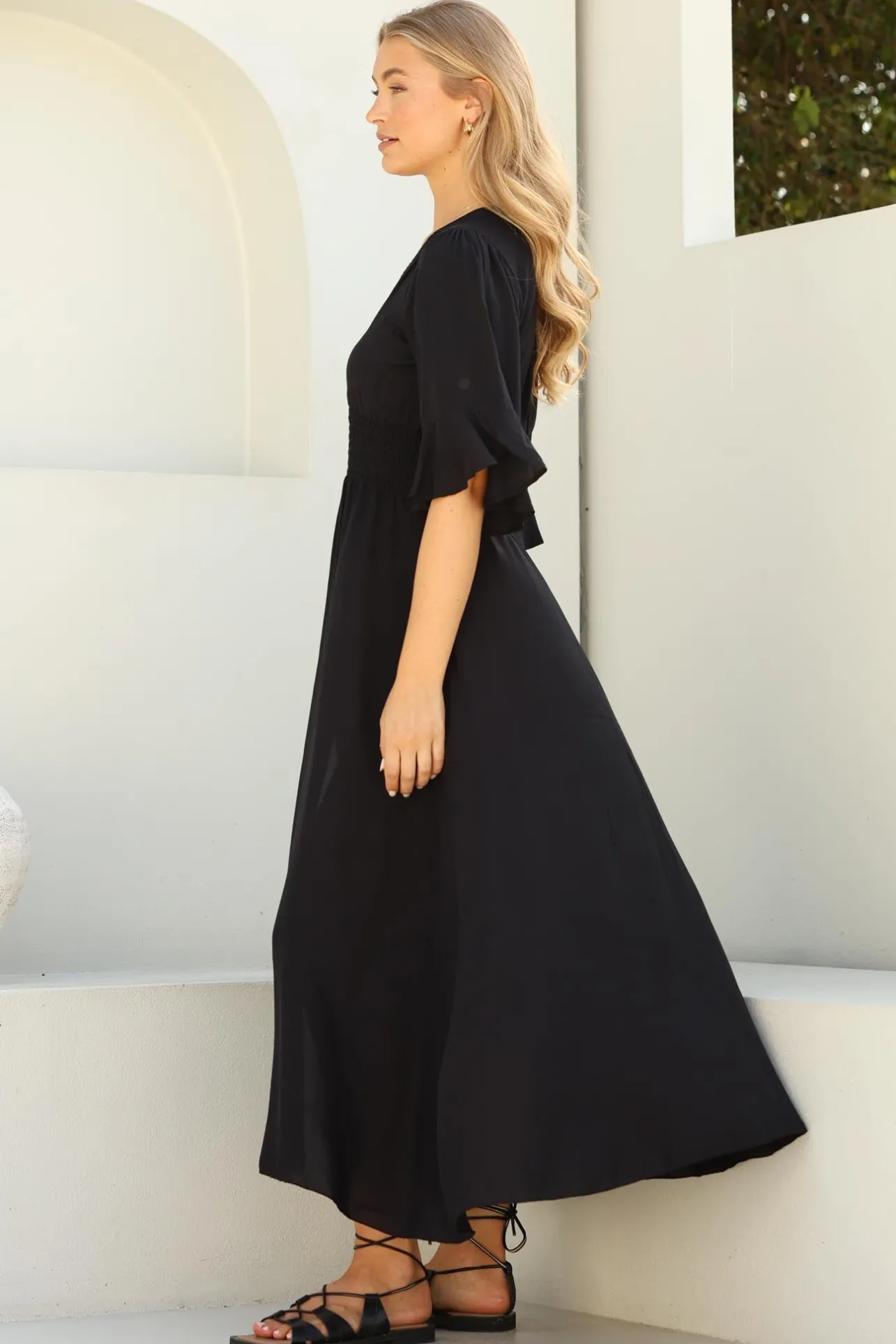 Alba Maxi Dress - Buttoned Bodice A Line Dress in Black>Salty Crush Best
