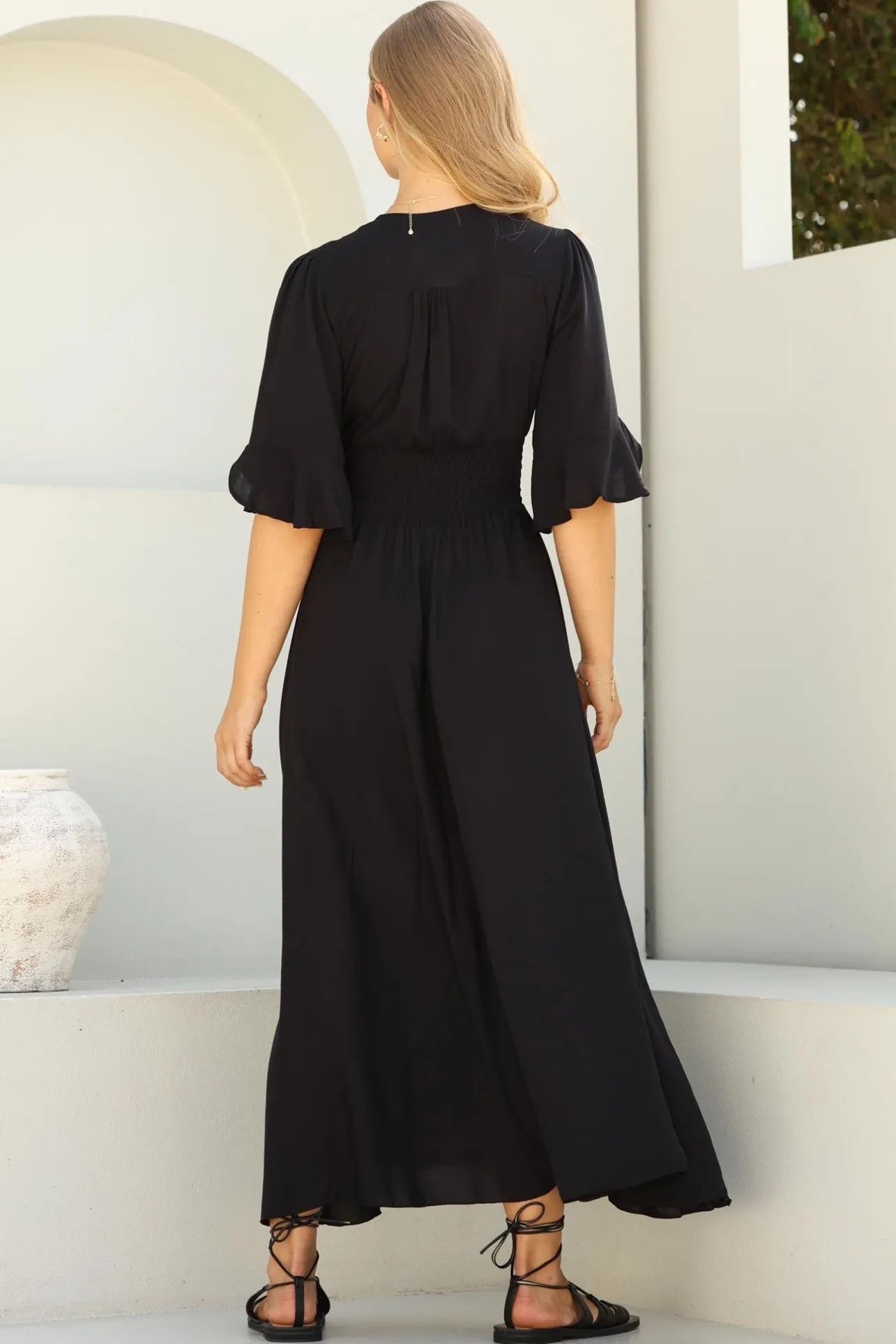 Alba Maxi Dress - Buttoned Bodice A Line Dress in Black>Salty Crush Best