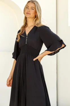 Alba Maxi Dress - Buttoned Bodice A Line Dress in Black><noscript><img width=