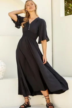 Alba Maxi Dress - Buttoned Bodice A Line Dress in Black><noscript><img width=