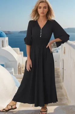 Alba Maxi Dress - Buttoned Bodice A Line Dress in Black><noscript><img width=