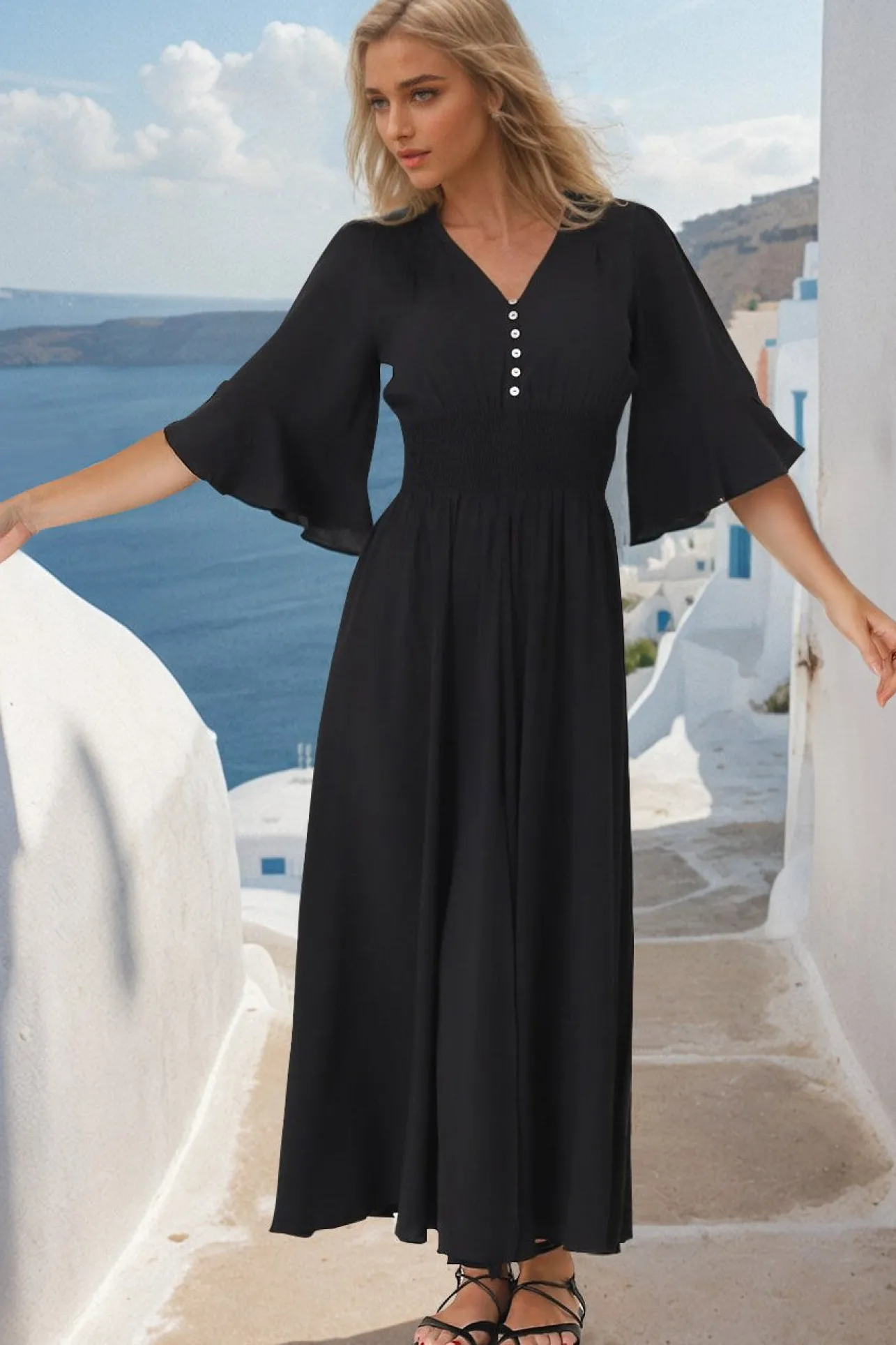 Alba Maxi Dress - Buttoned Bodice A Line Dress in Black>Salty Crush Best