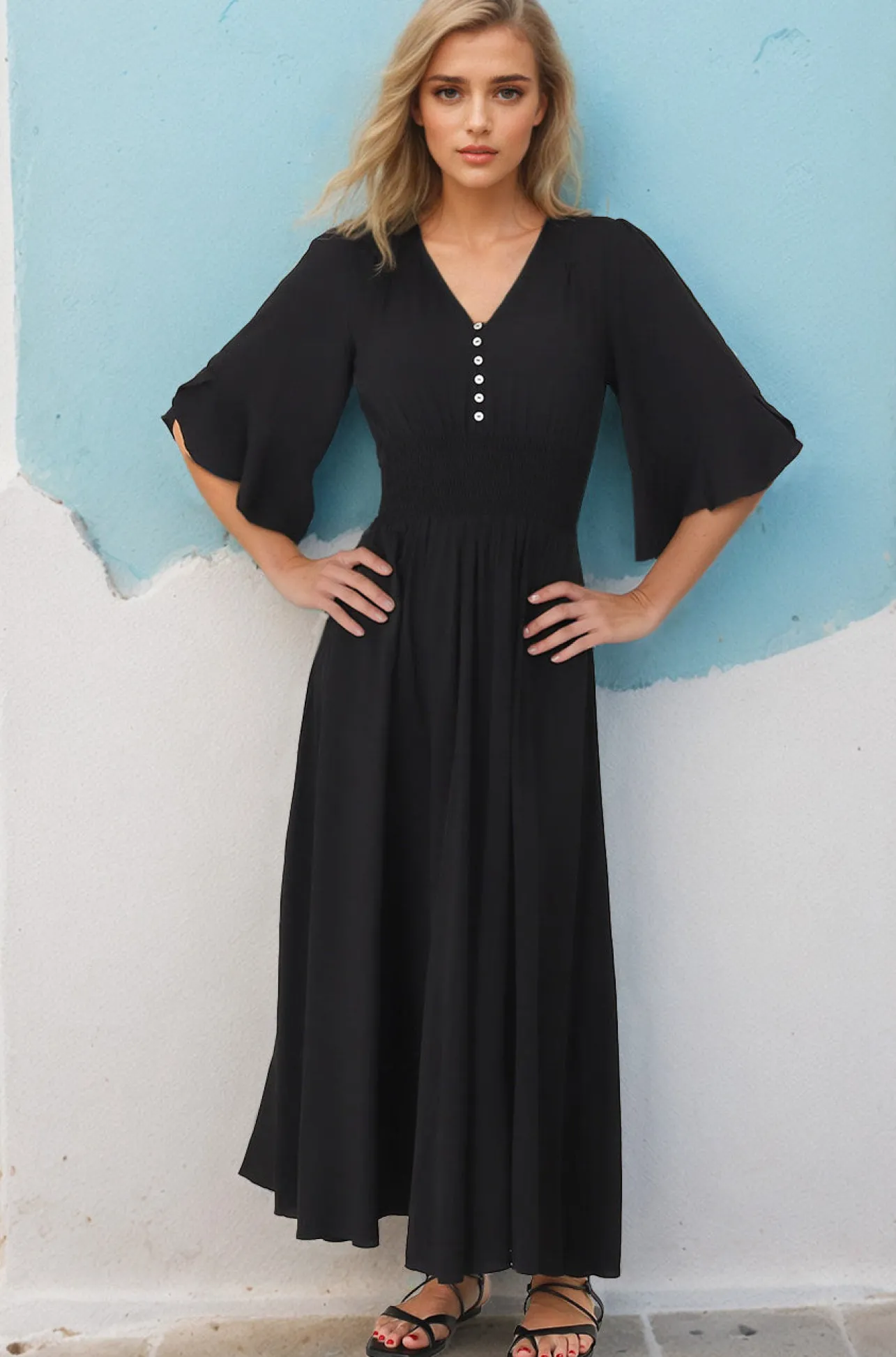 Alba Maxi Dress - Buttoned Bodice A Line Dress in Black>Salty Crush Best