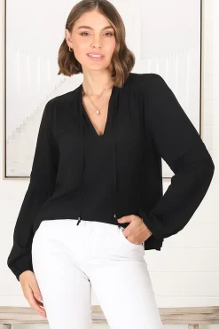 Albany Top - Pleating Details Pull Over Top With Long Balloon Sleeves In Black><noscript><img width=
