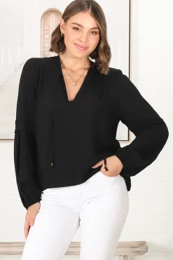 Albany Top - Pleating Details Pull Over Top With Long Balloon Sleeves In Black><noscript><img width=