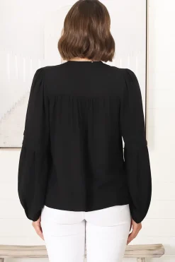 Albany Top - Pleating Details Pull Over Top With Long Balloon Sleeves In Black><noscript><img width=