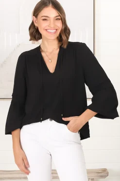 Albany Top - Pleating Details Pull Over Top With Long Balloon Sleeves In Black><noscript><img width=