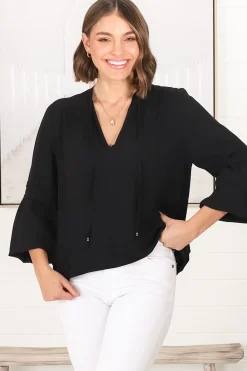 Albany Top - Pleating Details Pull Over Top With Long Balloon Sleeves In Black><noscript><img width=