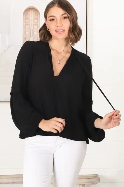 Albany Top - Pleating Details Pull Over Top With Long Balloon Sleeves In Black><noscript><img width=
