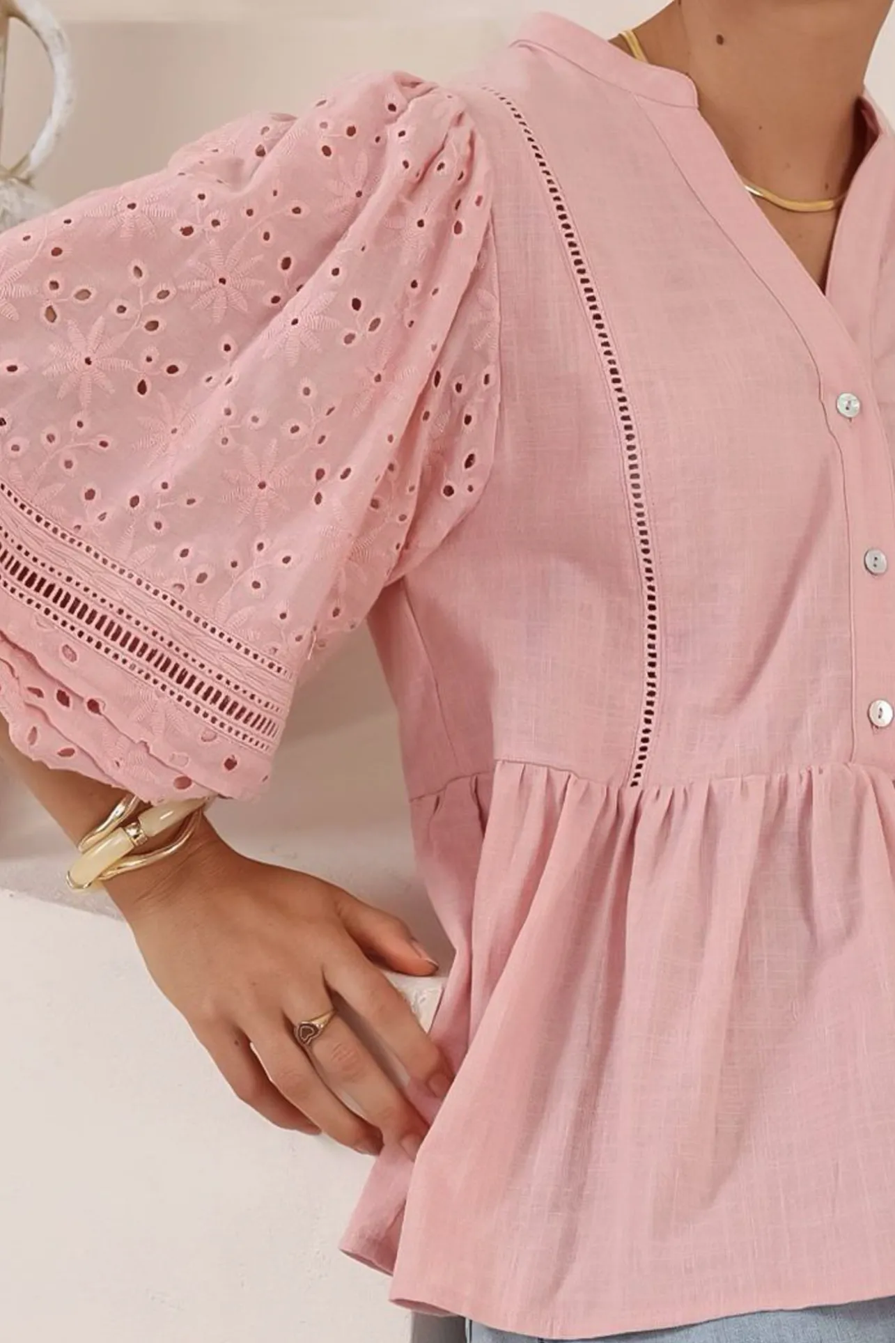 Alberta Blouse - Mandarin Collar Cut Out Embelished Balloon Sleeve Top in Pink>Salty Crush Clearance