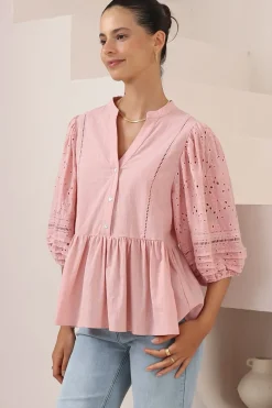Alberta Blouse - Mandarin Collar Cut Out Embelished Balloon Sleeve Top in Pink><noscript><img width=
