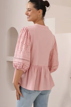 Alberta Blouse - Mandarin Collar Cut Out Embelished Balloon Sleeve Top in Pink><noscript><img width=