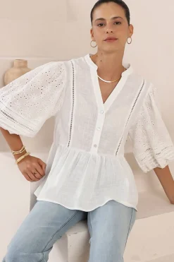 Alberta Blouse - Mandarin Collar Cut Out Embelished Balloon Sleeve Top in White>Salty Crush Best