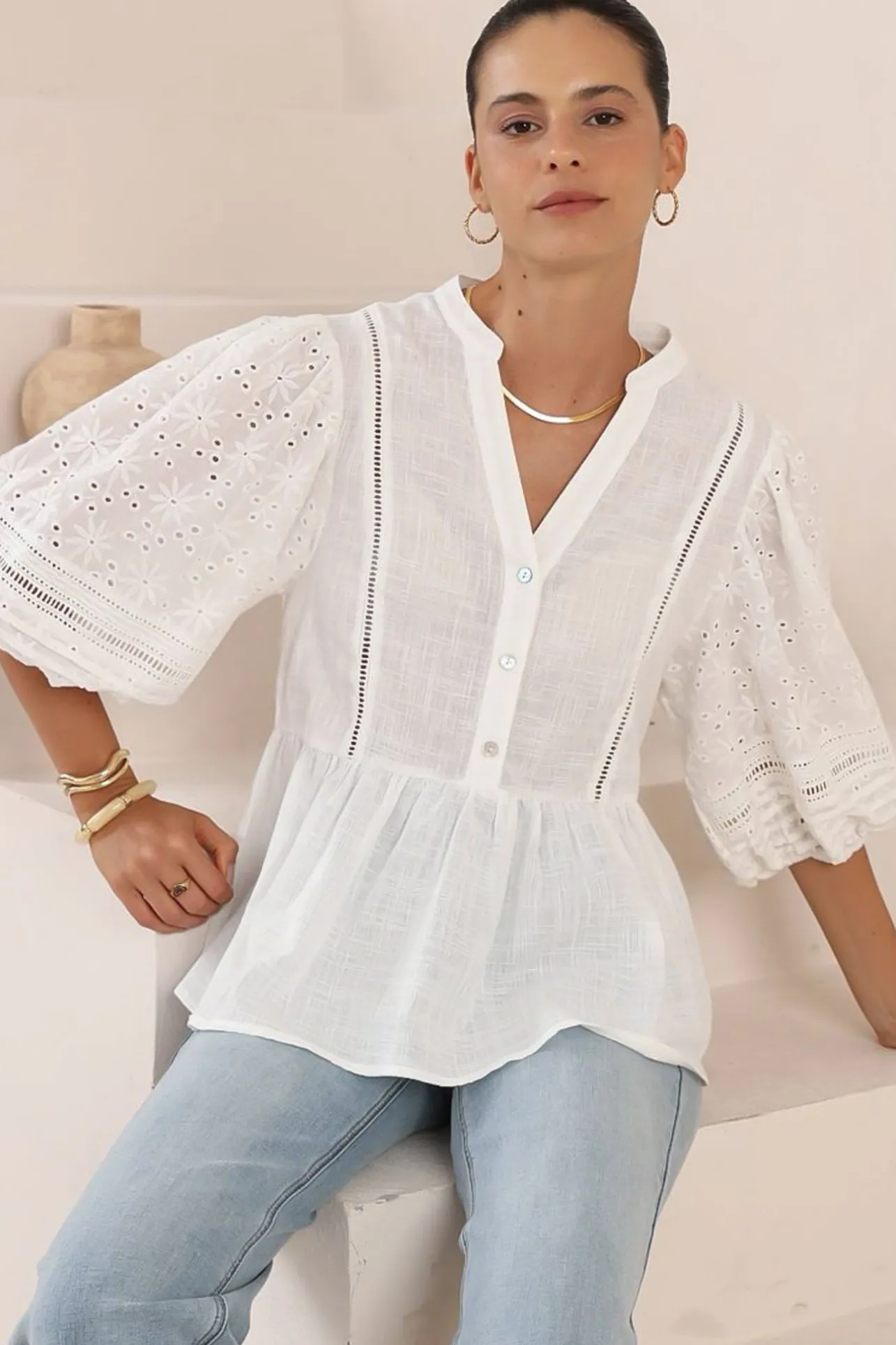 Alberta Blouse - Mandarin Collar Cut Out Embelished Balloon Sleeve Top in White>Salty Crush Best