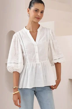 Alberta Blouse - Mandarin Collar Cut Out Embelished Balloon Sleeve Top in White>Salty Crush Best