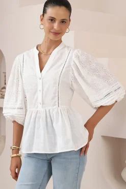 Alberta Blouse - Mandarin Collar Cut Out Embelished Balloon Sleeve Top in White><noscript><img width=