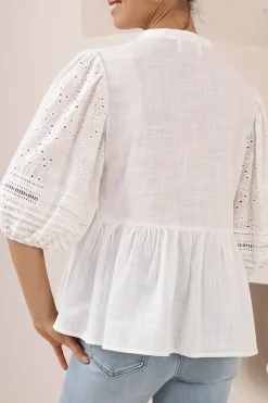 Alberta Blouse - Mandarin Collar Cut Out Embelished Balloon Sleeve Top in White><noscript><img width=